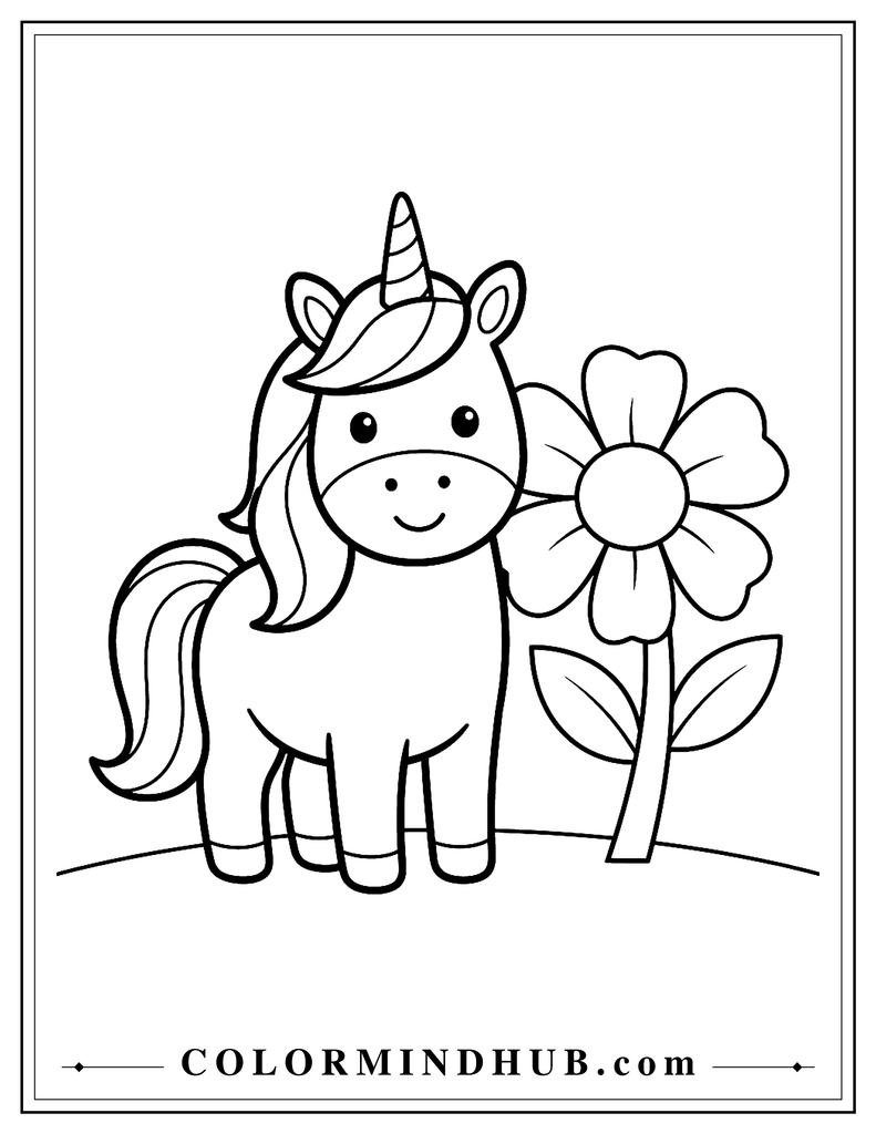 Simple unicorn standing beside one large flower with broad petals and a wide stem