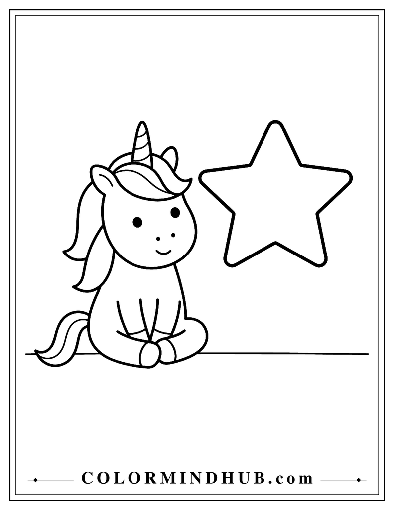 Simple unicorn sitting beside one large five-pointed star with minimal details