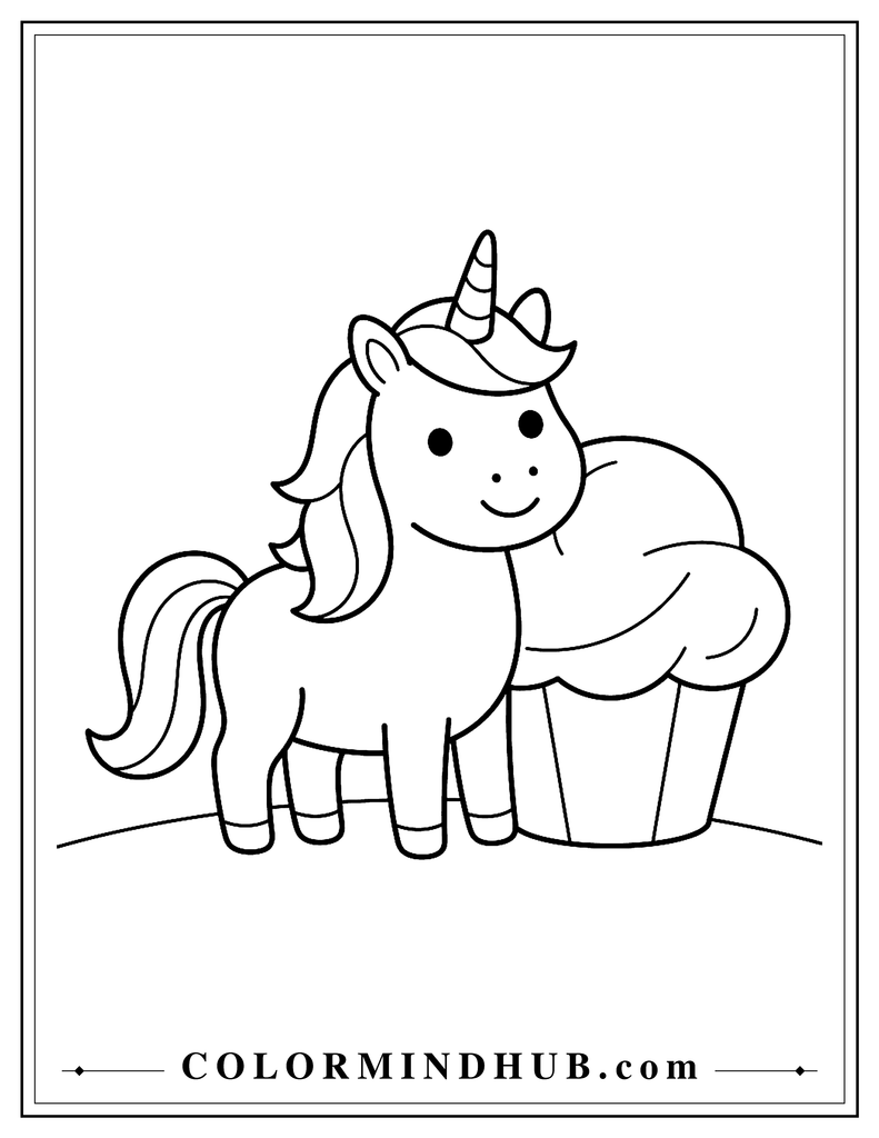 Simple unicorn standing beside one oversized cupcake with a large frosting top and simple wrapper