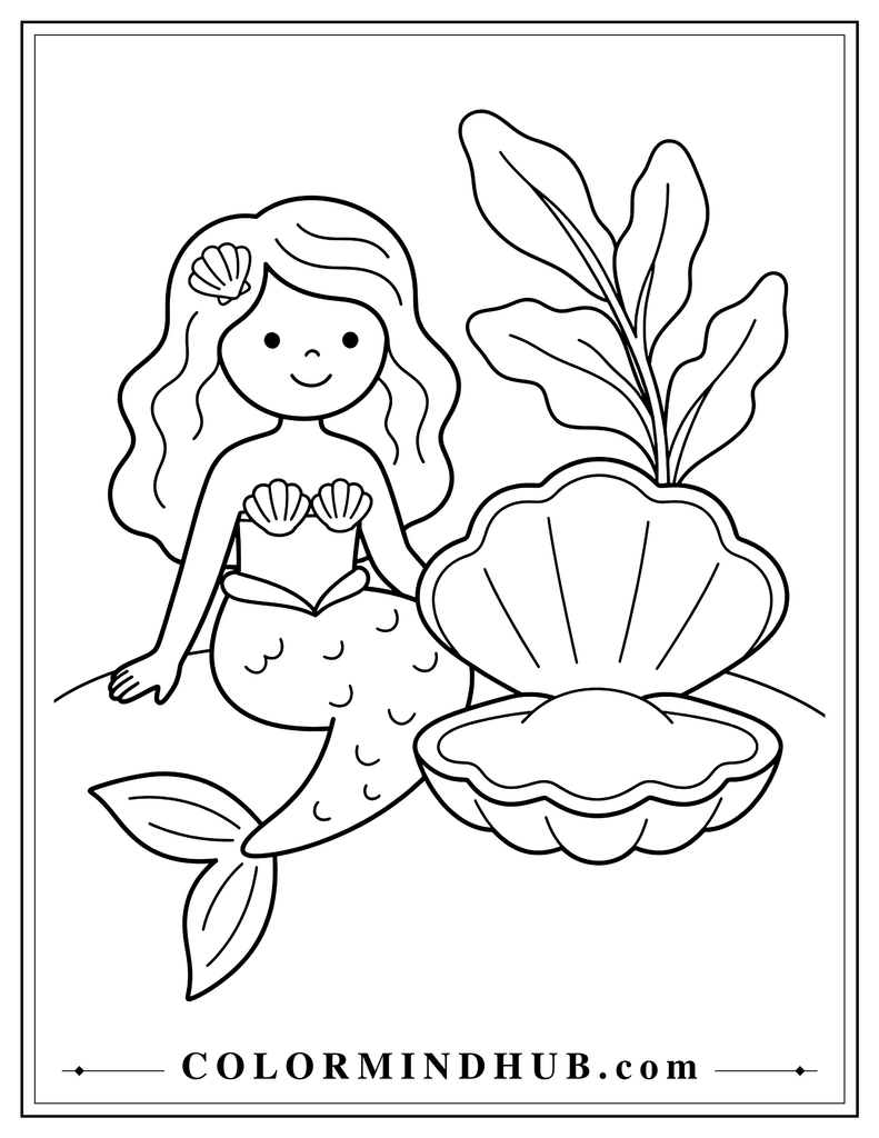 Simple mermaid sitting beside a large open seashell underwater with one broad sea plant