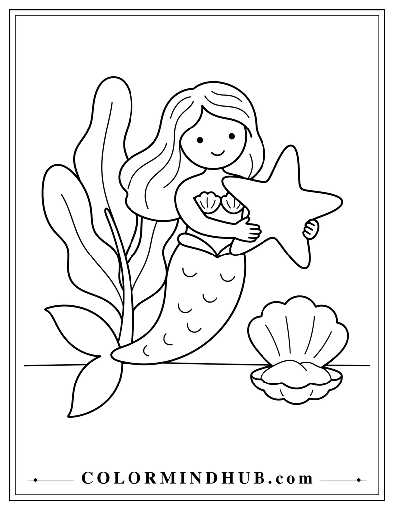 Simple mermaid underwater holding a large five-armed starfish with a large sea plant and seashell nearby