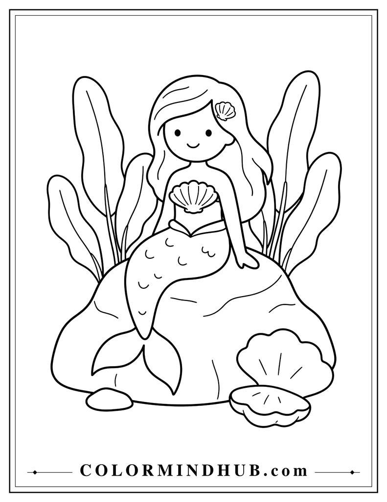 Simple mermaid sitting on a large rounded coral rock underwater with two broad sea plants and a seashell