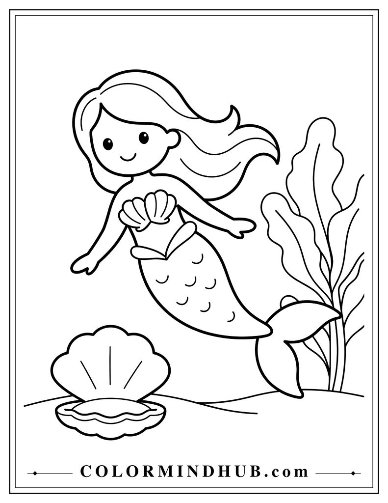 Simple mermaid swimming underwater with one large sea plant and one large seashell