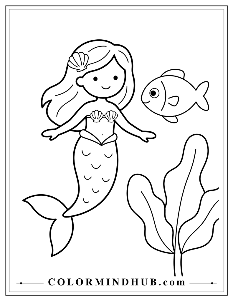 Simple mermaid swimming underwater beside one large friendly fish and a large sea plant