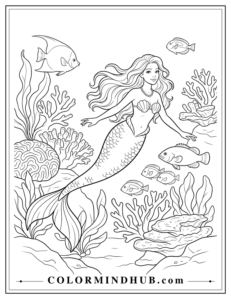 Elegant mermaid swimming through an underwater coral reef with large coral formations, broad sea plants, and large fish