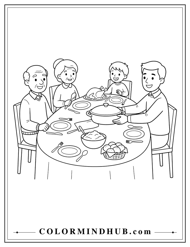 Happy family gathered around a table and sharing Thanksgiving food - Thanksgiving coloring page for kids
