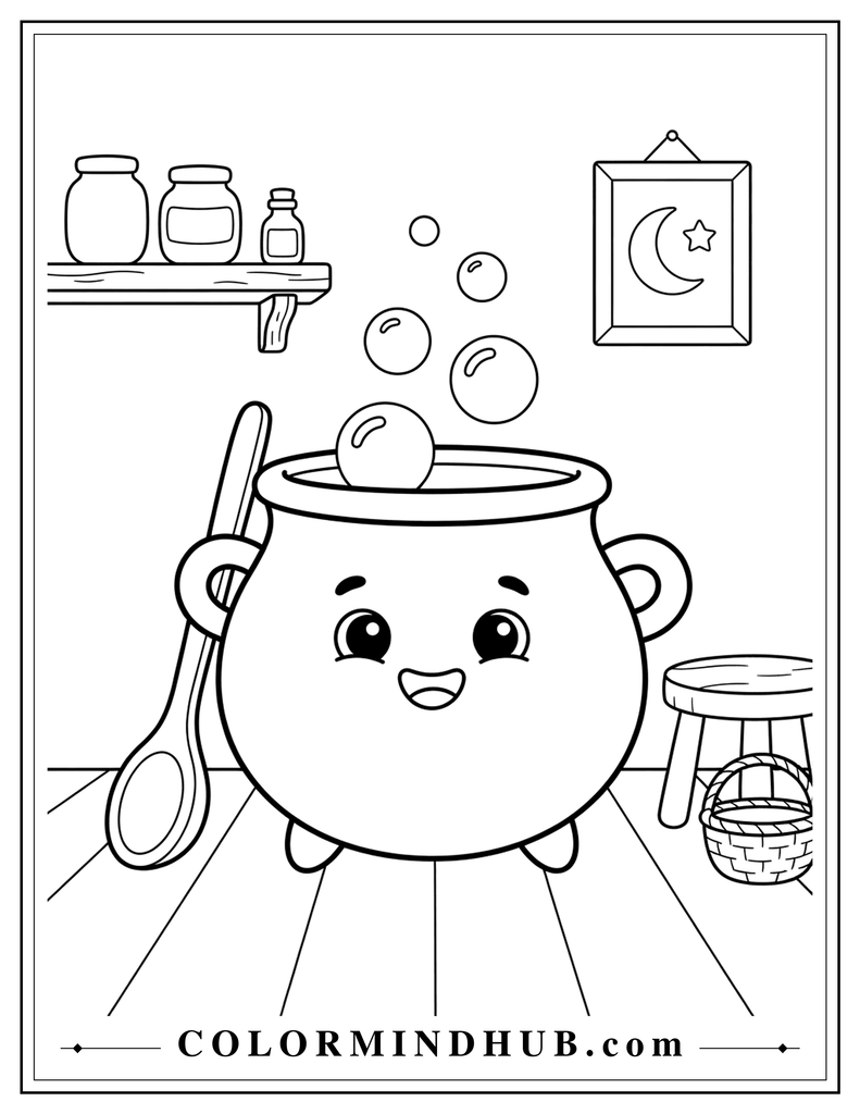 Cheerful witch's cauldron with a smiling face, tiny feet, and bubbles in a cozy kitchen - cute spooky coloring page