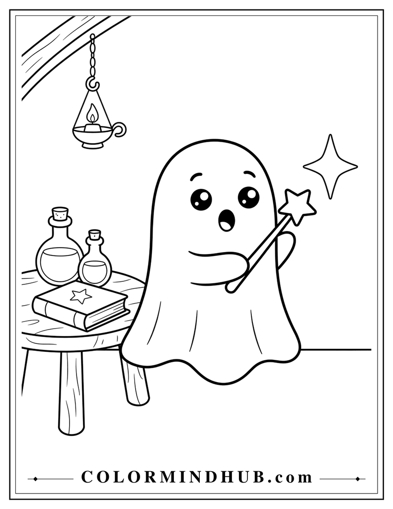 Adorable ghost holding a magic wand inside a cozy magic room with potion bottles and a book - cute spooky coloring page
