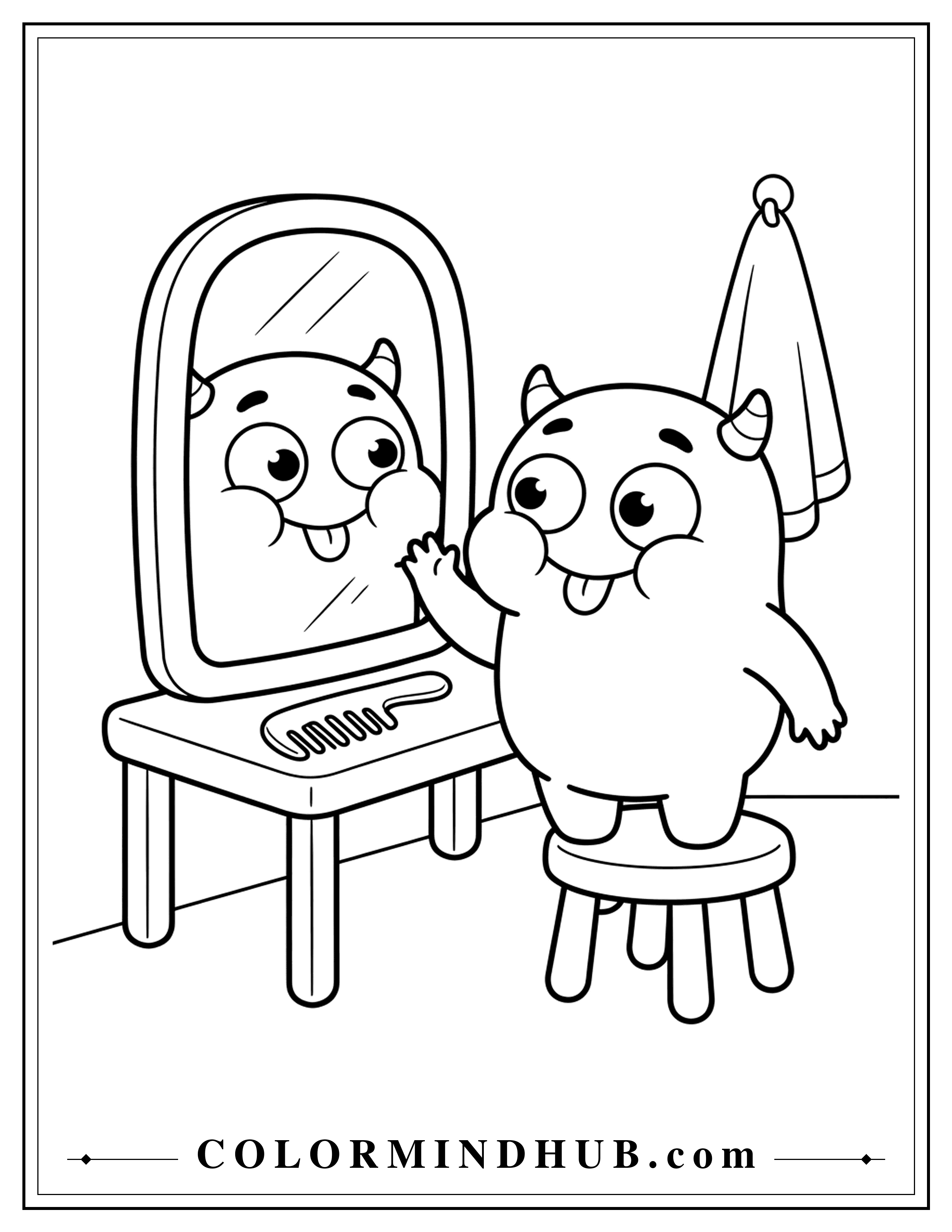 Playful little monster making a silly face beside a bedroom mirror - funny spooky coloring page for kids
