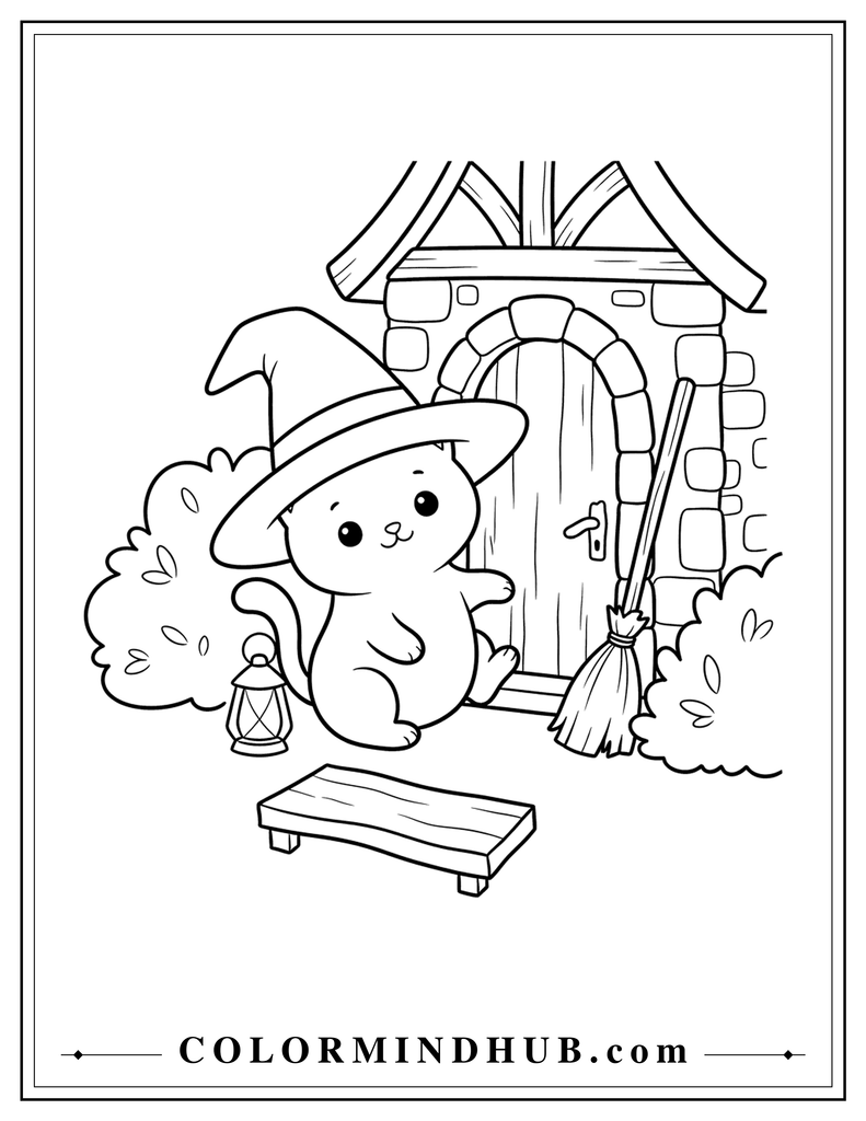 Friendly cat wearing an oversized witch hat beside a small Halloween cottage doorway - cute spooky cat coloring page