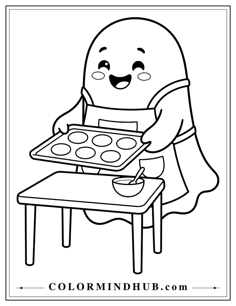 Happy ghost wearing an apron and placing a tray of cookies on a small baking table - cute ghost coloring page