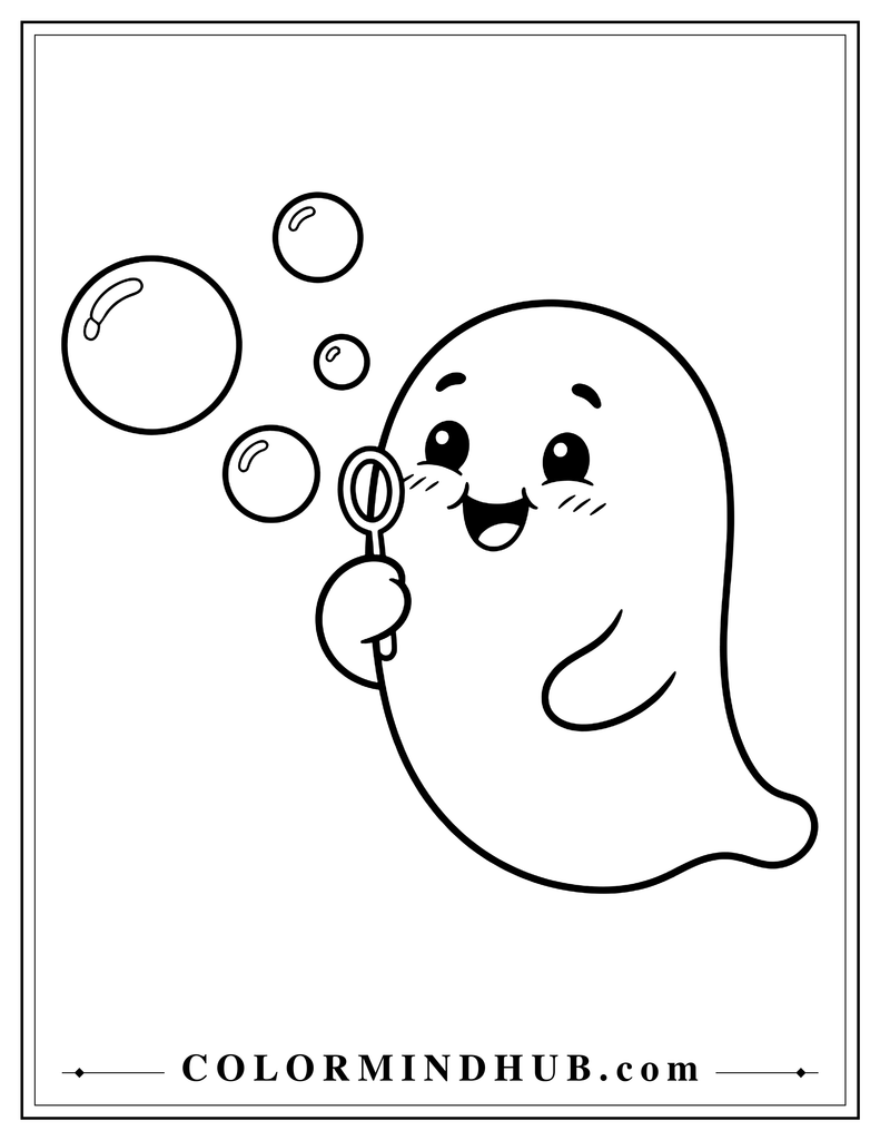 Cheerful ghost blowing large bubbles with a small bubble wand - ghost coloring page for kids