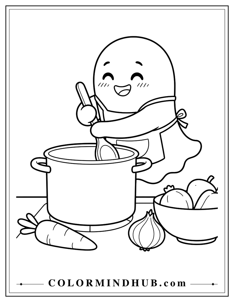 Happy ghost wearing an apron and stirring soup in a large cooking pot - ghost coloring page for children