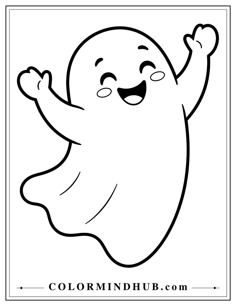 Joyful cartoon ghost dancing with raised arms and a playful curved body - cute ghost coloring page for kids