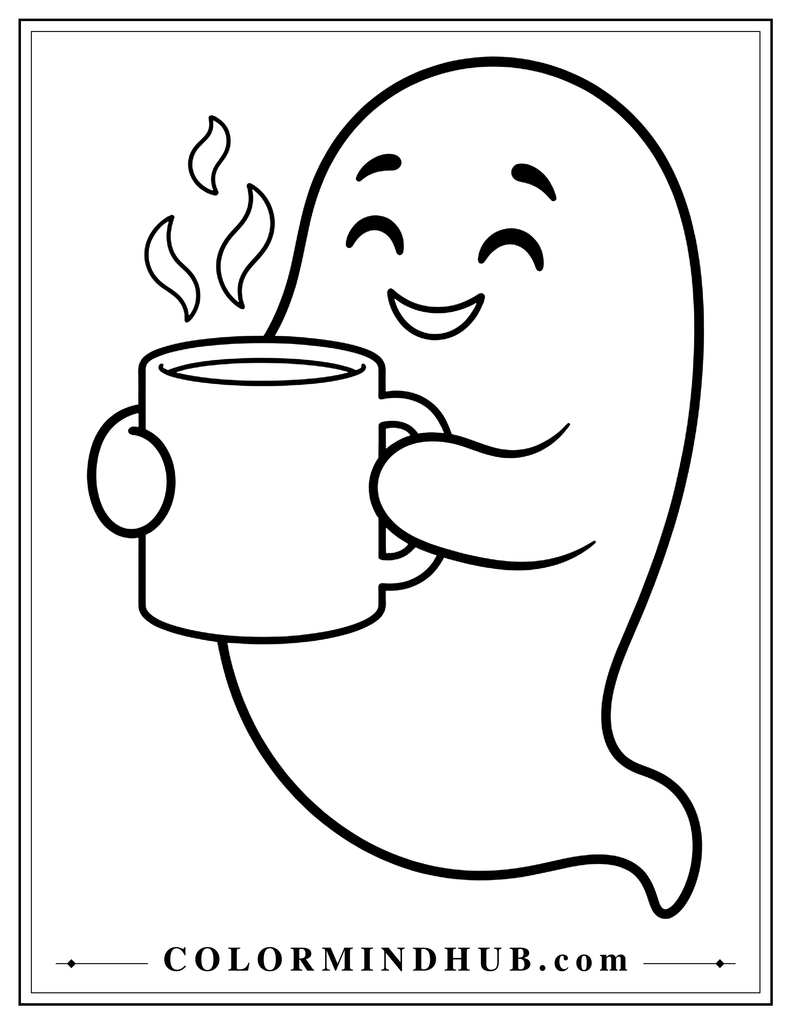 Cute ghost holding a large mug of hot chocolate with both hands - cozy ghost coloring page