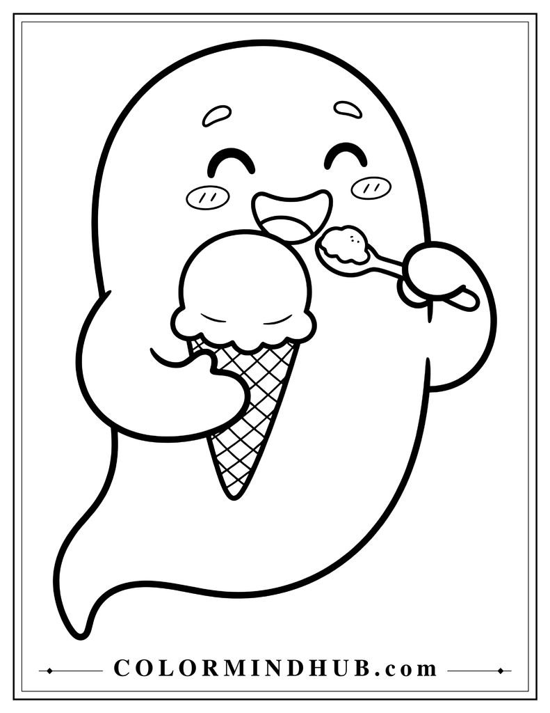 Cute ghost happily eating a large ice cream cone with a cheerful smile - ghost coloring page for kids