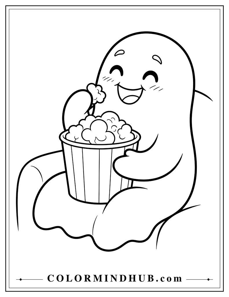 Adorable ghost sitting and eating popcorn from a large bucket - funny Halloween coloring page