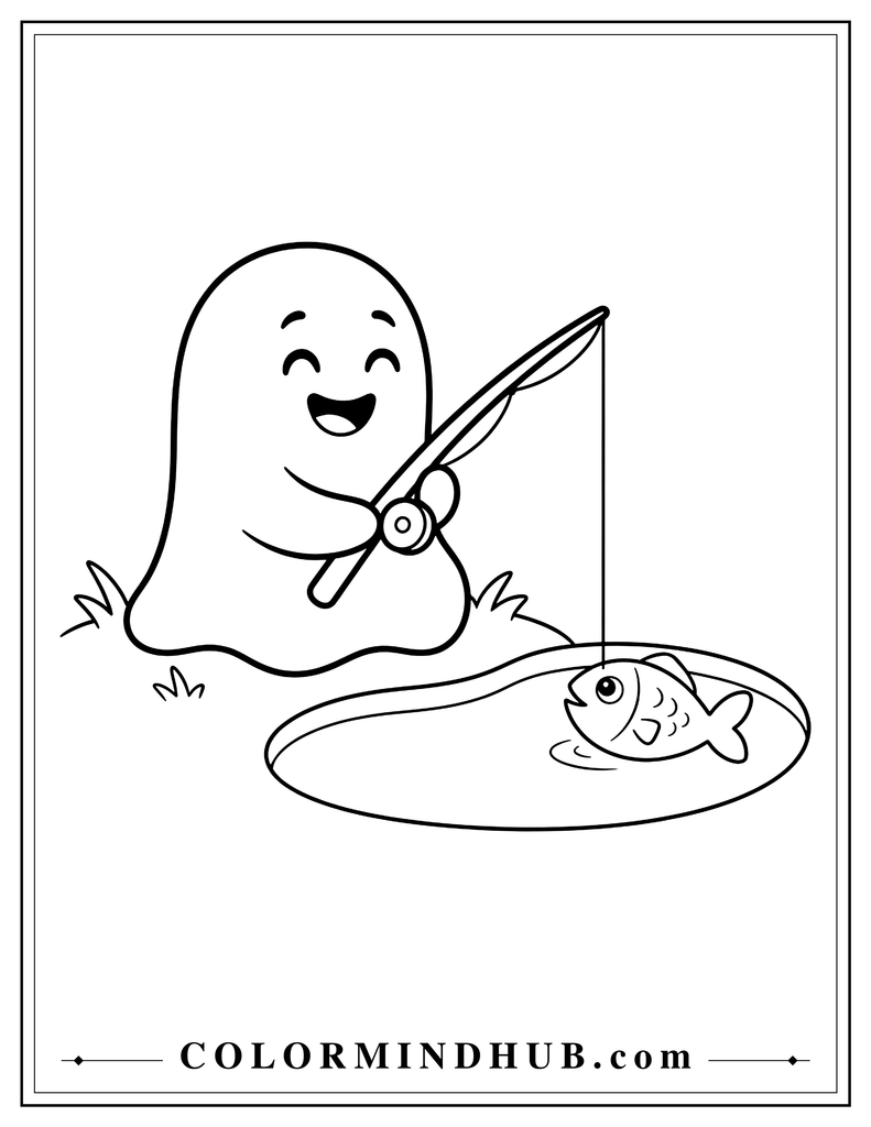 Friendly ghost sitting beside a small pond and holding a fishing rod with a fish nearby - Halloween coloring page