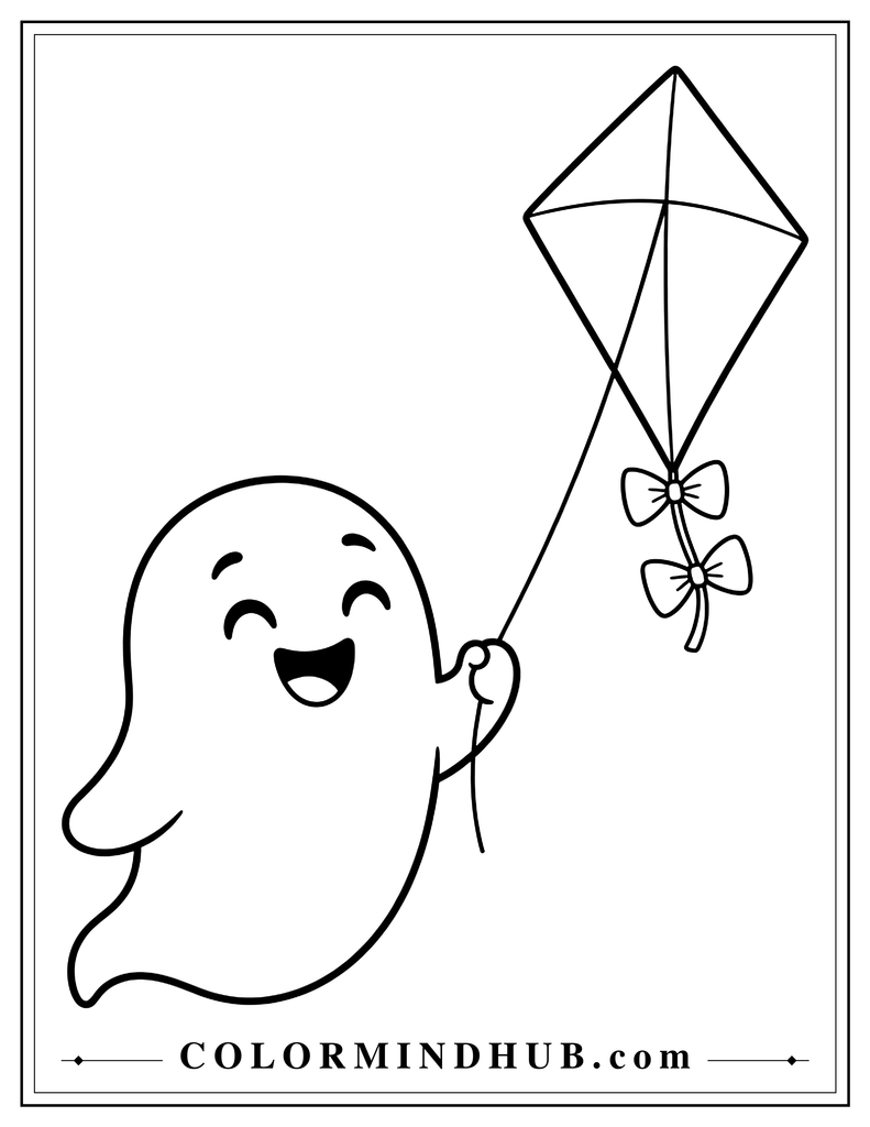 Cheerful ghost floating upward while flying a simple kite - friendly Halloween ghost coloring page