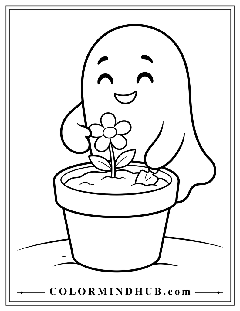Happy ghost planting a small flower in a round pot during a simple gardening activity - cute ghost coloring page