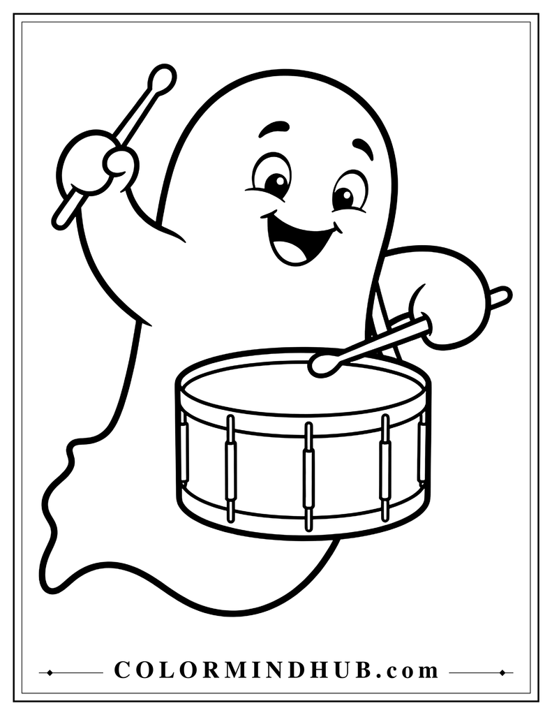 Energetic cartoon ghost playing a drum with two drumsticks - funny ghost coloring page for kids