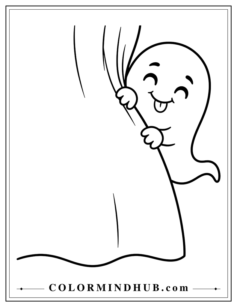 Playful ghost peeking from behind a large curtain with a mischievous smile - cute Halloween ghost coloring page