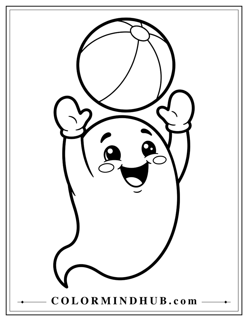 Cheerful ghost tossing a large ball into the air with both hands - ghost coloring page for children