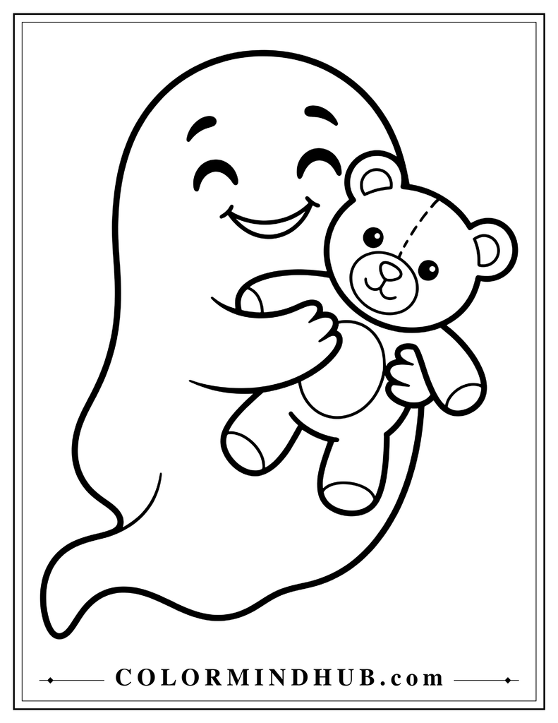 Adorable ghost hugging and playing with a simple teddy bear - friendly ghost coloring page for children