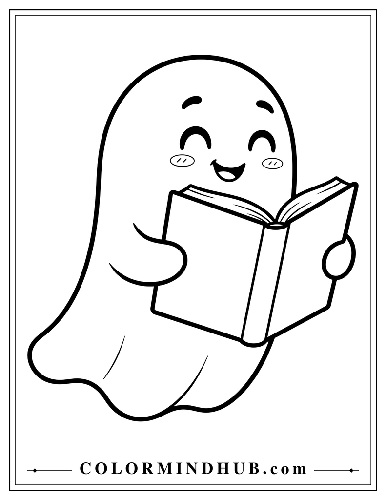 Friendly ghost floating while happily reading an open book - printable ghost coloring page