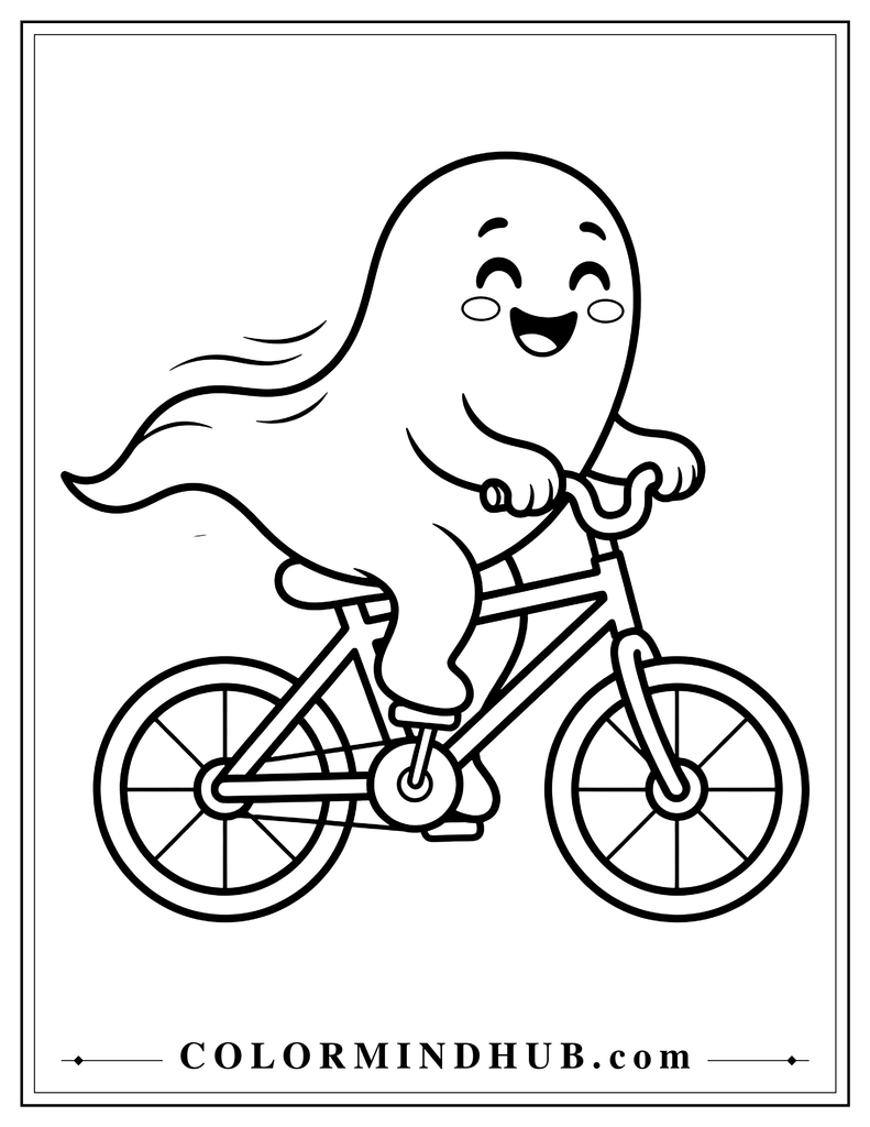 Friendly ghost riding a simple bicycle while smiling and holding the handlebars - Halloween ghost coloring page