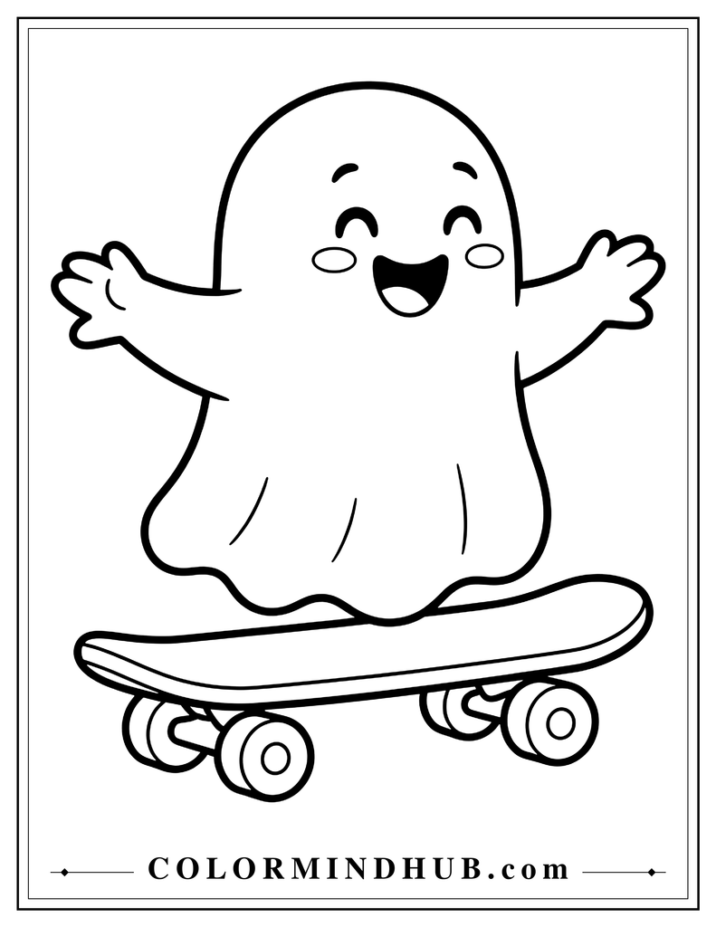 Playful ghost balancing on a skateboard with its arms stretched out - Halloween coloring page for kids