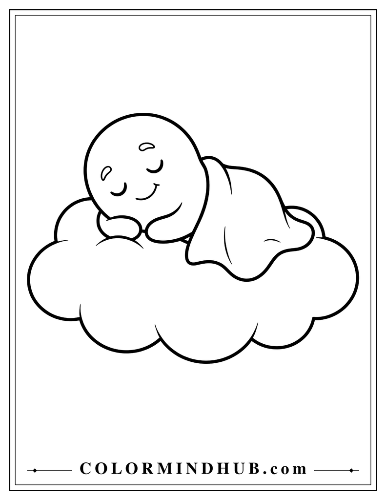 Peaceful ghost sleeping on a large soft cloud with a gentle expression - relaxing ghost coloring page for kids
