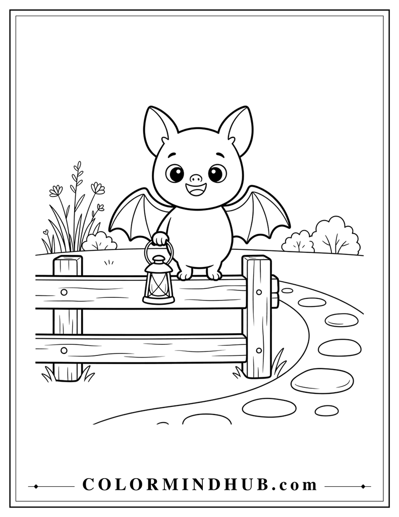 Cheerful little bat holding a small lantern while standing on a wooden fence - cute Halloween coloring page