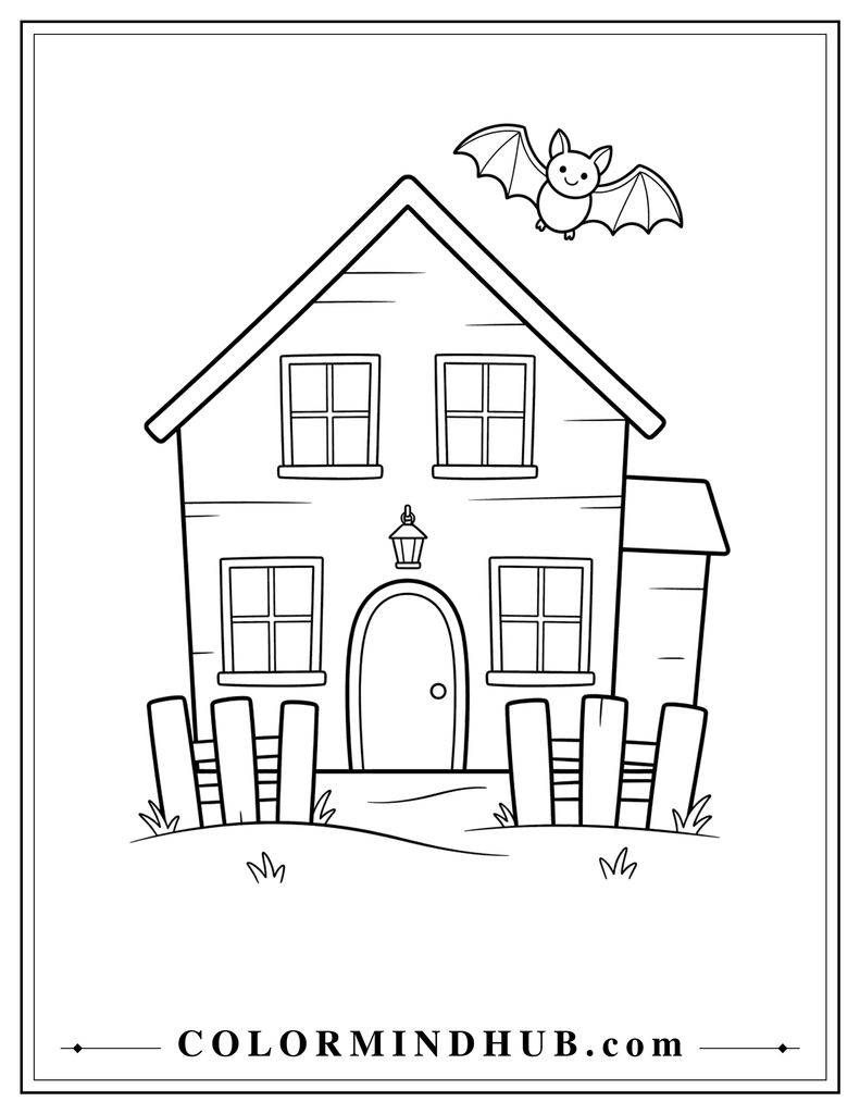 Wide haunted house behind a short uneven wooden fence with a lantern at the entrance and a bat above the roof - Halloween haunted house coloring page