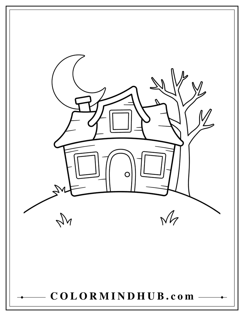 Small haunted house sitting on a rounded hill with a crescent moon, chimney, and bare tree - Halloween haunted house coloring page