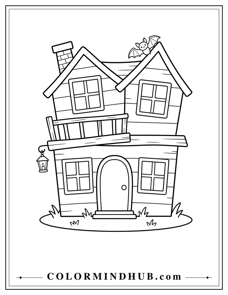 Two-story haunted wooden house with a crooked balcony, leaning chimney, hanging lantern, and bat - Halloween house coloring page