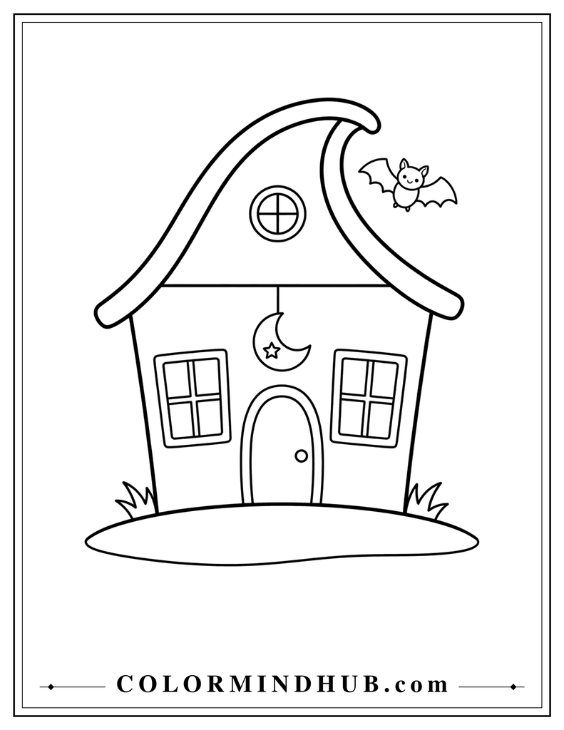 Whimsical haunted house with a large curved roof, circular window, crescent decoration, and small bat - spooky house coloring page