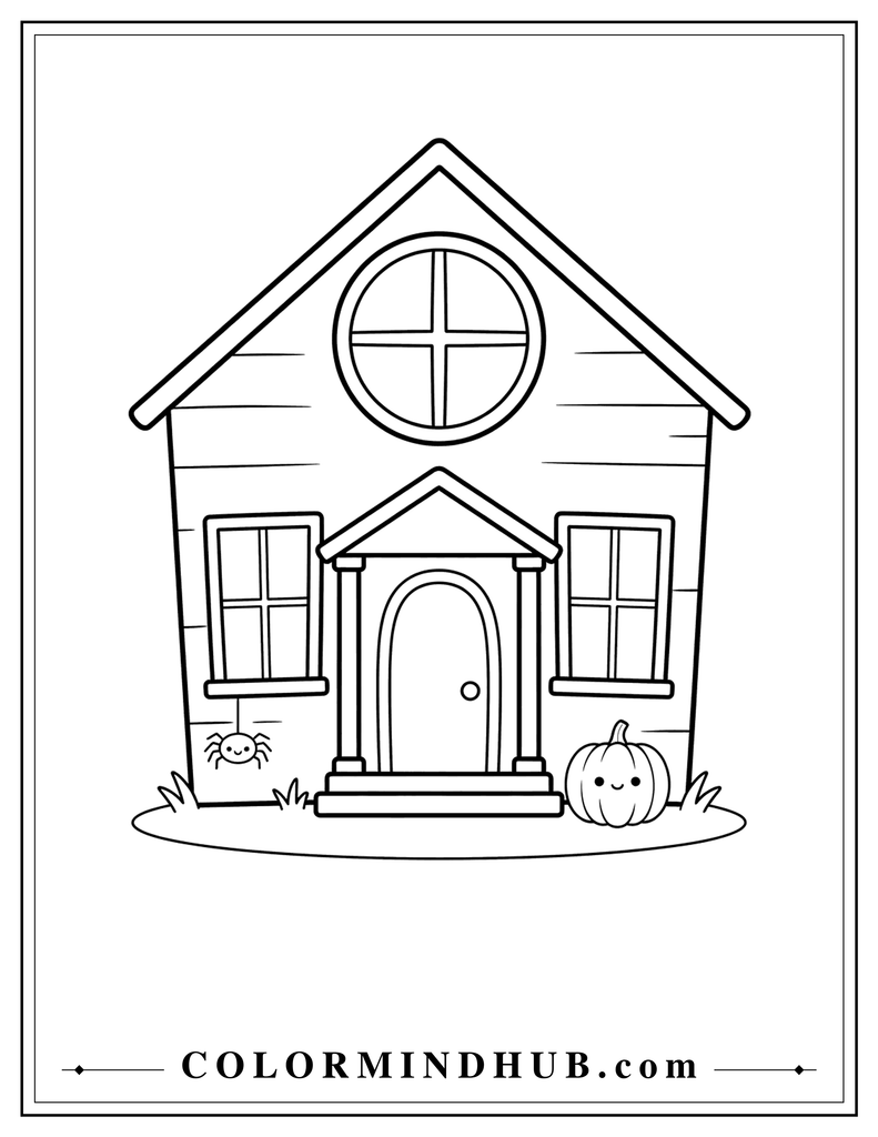 Old haunted cottage with a large circular attic window, front porch, pumpkin, and small hanging spider - haunted house coloring page
