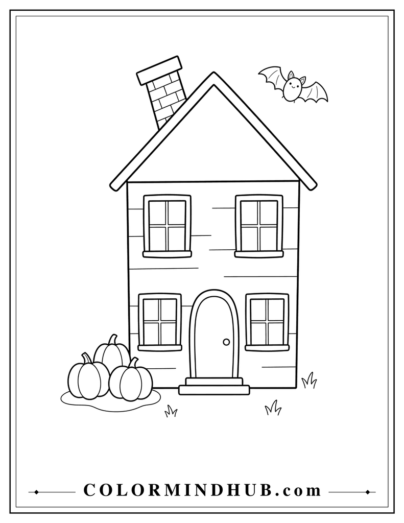 Long narrow haunted farmhouse with a dramatically leaning chimney, four windows, pumpkins, and a flying bat - Halloween coloring page