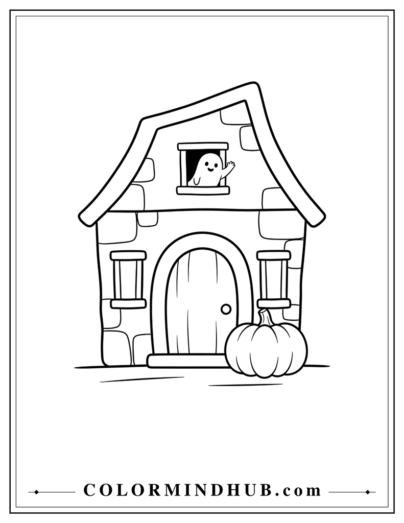 Stone haunted cottage with a large round doorway, pumpkin, ghost in a window, and uneven roof - haunted house coloring page for kids
