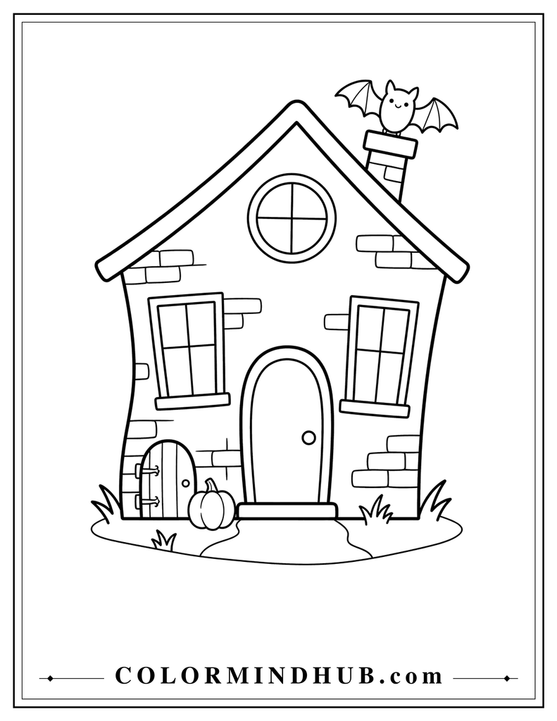 Crooked brick-style haunted house with a main door, small secret side door, pumpkin, round attic window, and bat - Halloween coloring page