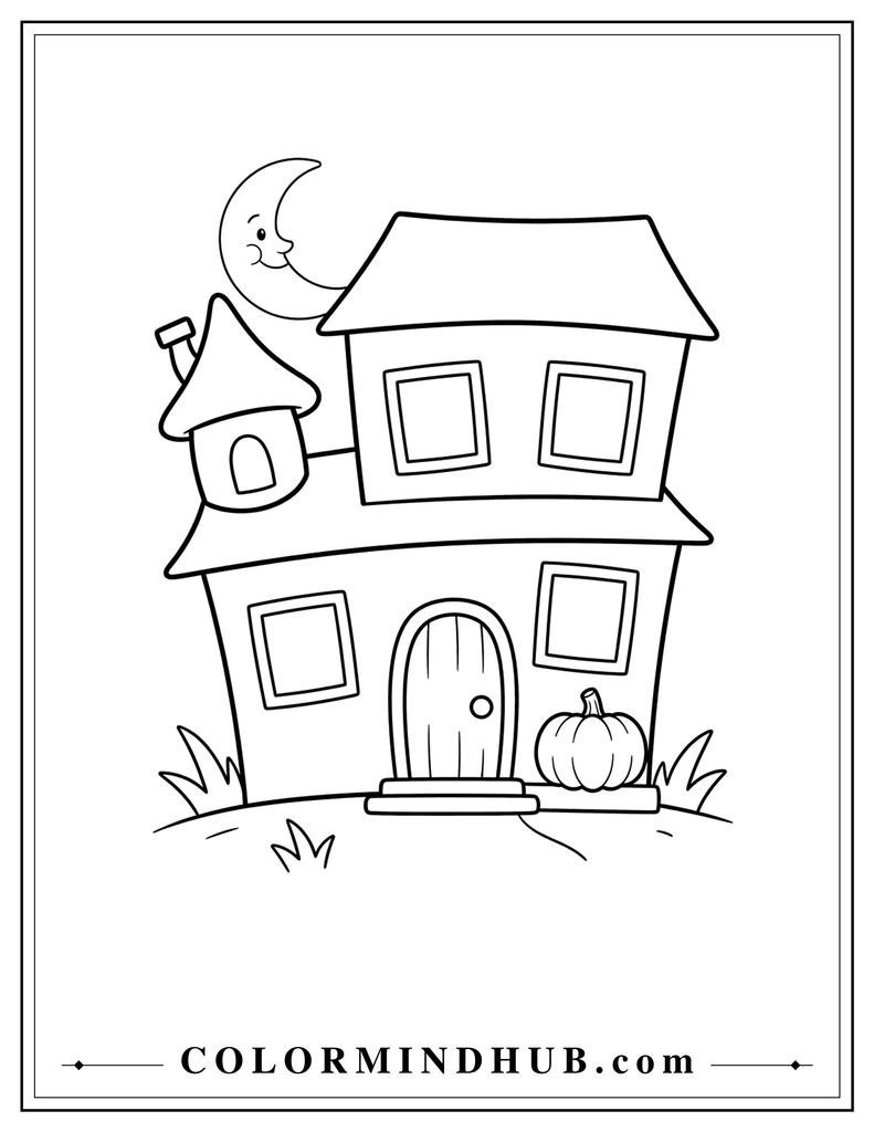 Wide two-story haunted house with a rounded side tower, crescent moon, pumpkin, and simple large windows - haunted house coloring page