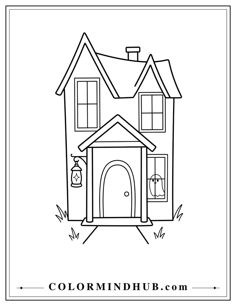Narrow haunted cottage with a covered front porch, large lantern, uneven roof, and friendly ghost in a window - Halloween house coloring page