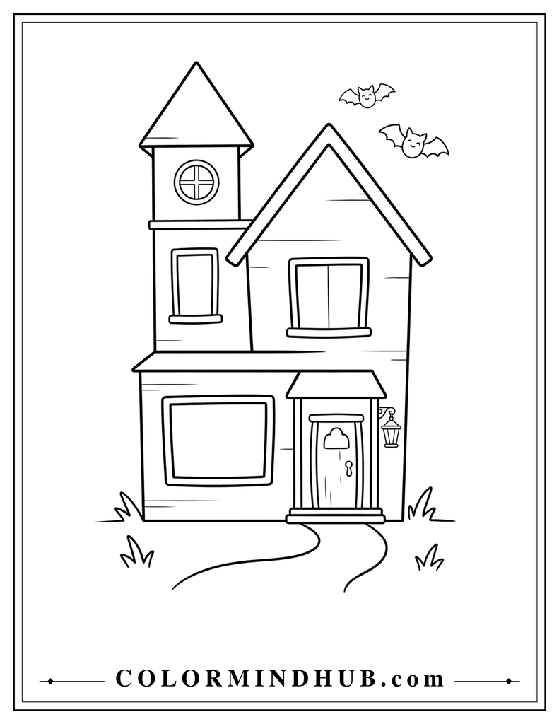 Tall narrow haunted house with a square tower, pointed roof, hanging lantern, and two bats - haunted house coloring page for kids