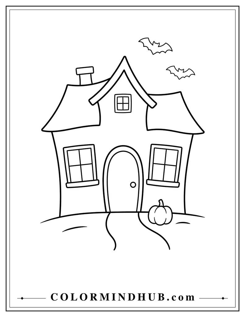 Whimsical haunted house with gently wavy walls, pointed roof, curved pathway, pumpkin, and two bats - haunted house coloring page for kids