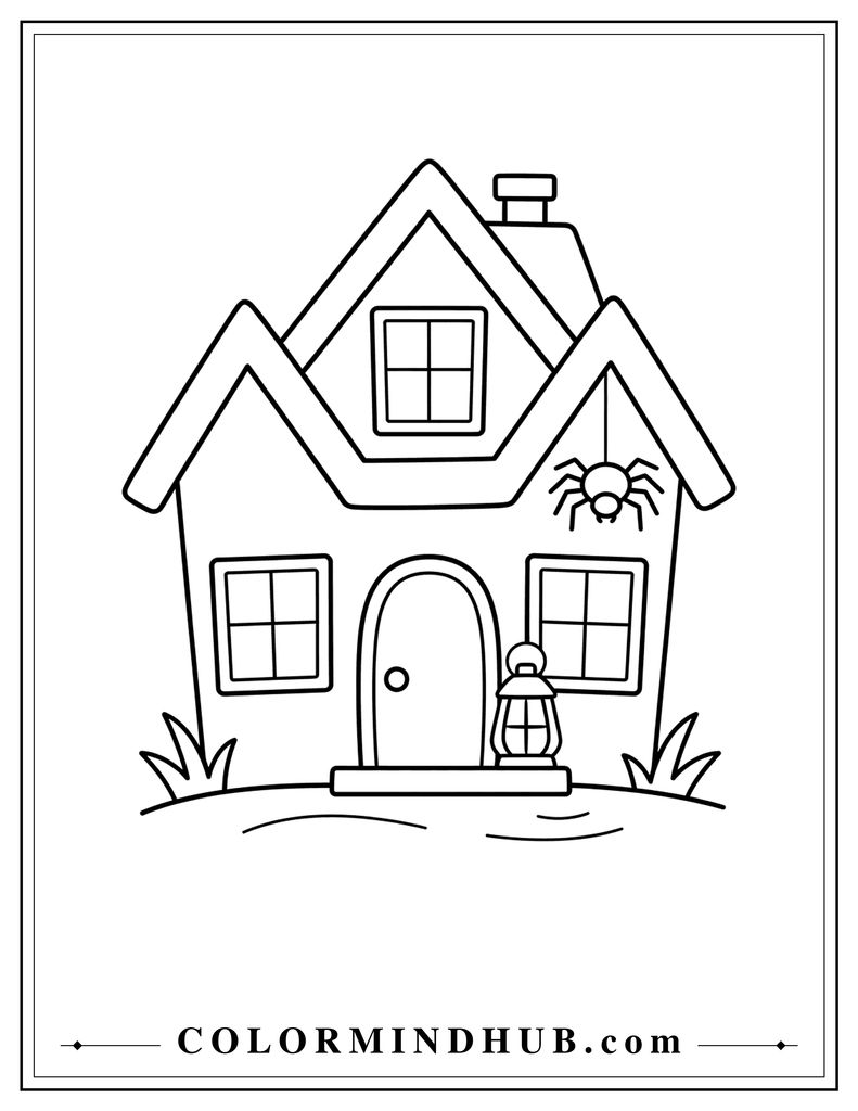 Playful haunted house with a three-section zigzag roof, hanging spider, Halloween lantern, and large windows - spooky house coloring page for kids