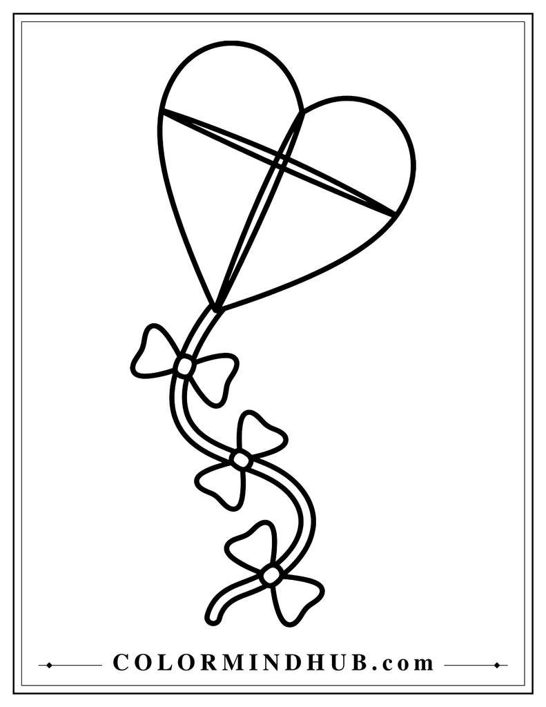 Large heart-shaped kite with crossed support lines, a long curved tail, and three bow-shaped ties.