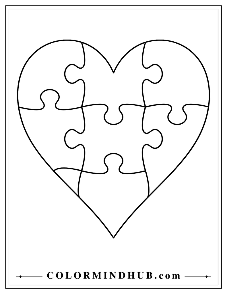 Large heart made from six broad interlocking jigsaw puzzle pieces.
