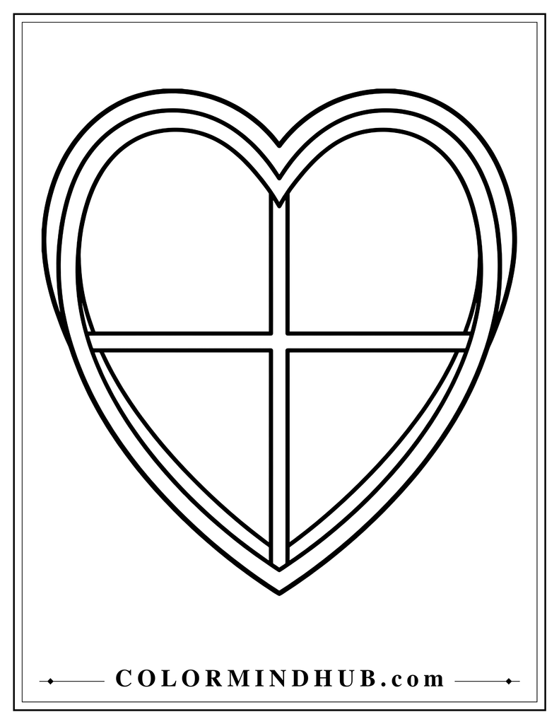 Heart-shaped window with a broad outer frame and four glass panels formed by crossing bars.