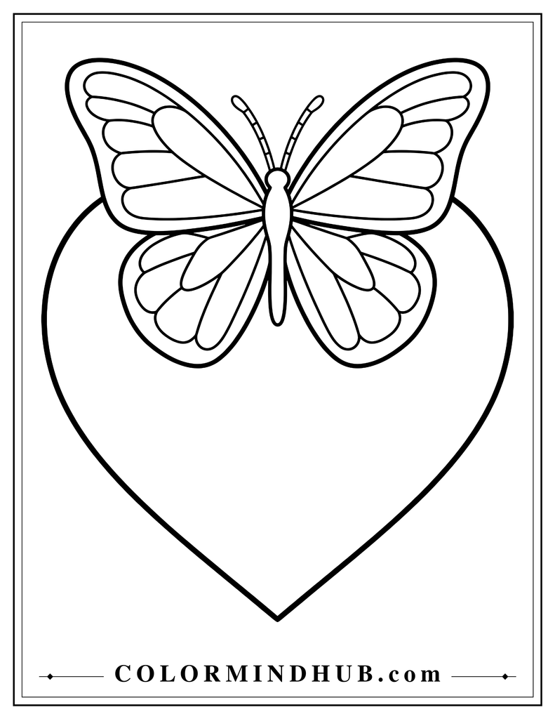 Large outlined heart with a butterfly resting across its upper edge and four broad wings.